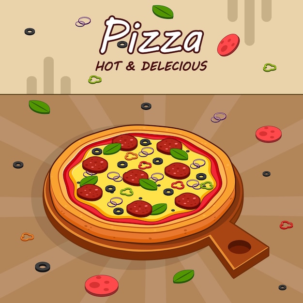 een cartoon van een pizza met een pizza erop