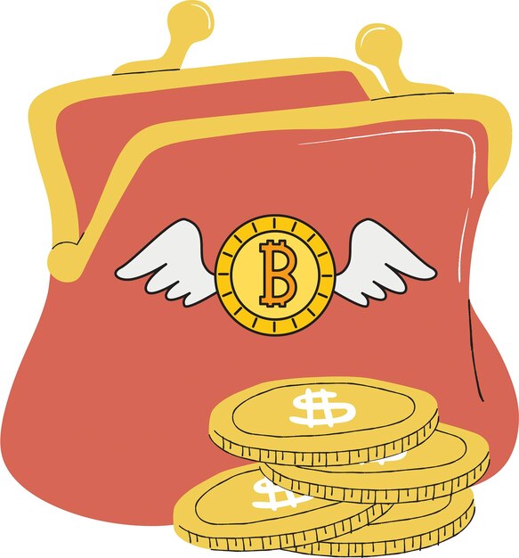 Vector een cartoon van een portemonnee met een bitcoin en een stapel munten