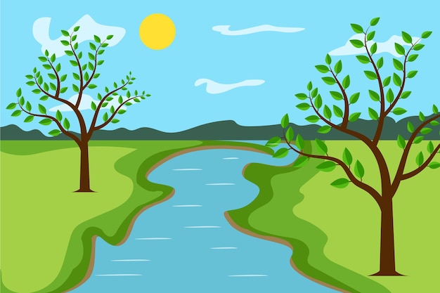 Vector een cartoon van een rivier met bomen en de zon op de achtergrond.