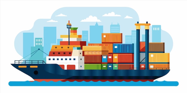 een cartoon van een schip met een heleboel dozen aan de zijkant en een schap met een grote stapel dozen aan het boord