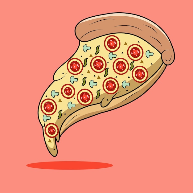 Een cartoon van een stuk pizza met een rode achtergrond.