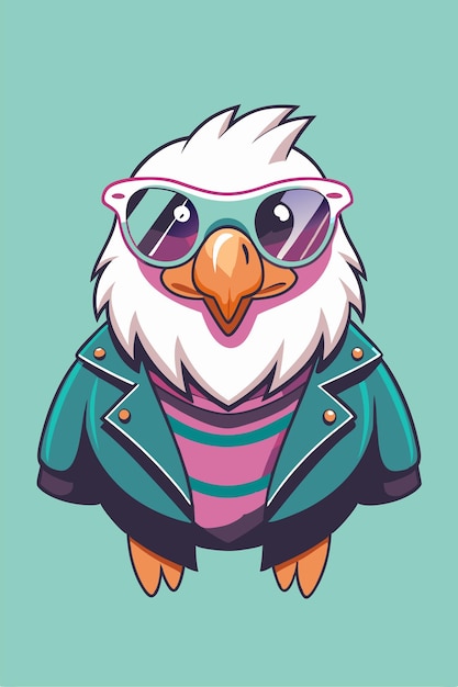 een cartoon van een vogel die een zonnebril en een jas draagt