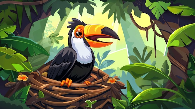Vector een cartoon van een vogel in een nest met bladeren en een vogel op de achtergrond