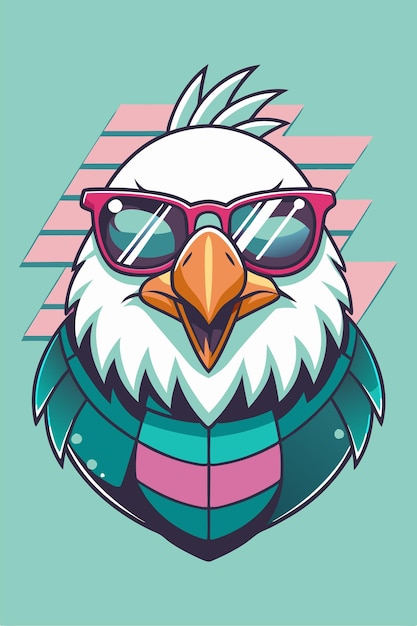 een cartoon van een vogel met een zonnebril en een roze en paarse gestreepte achtergrond