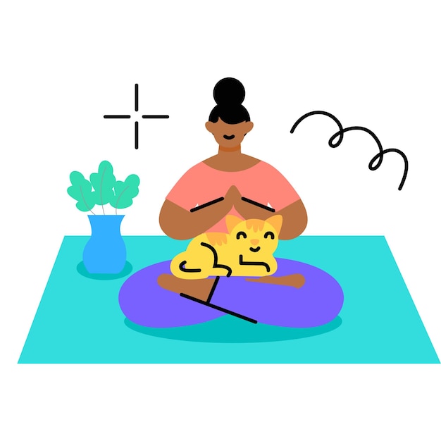 Een cartoon van een vrouw die yoga doet met een kat op schoot.