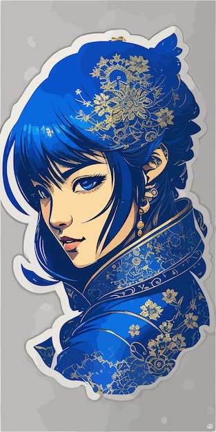 Vector een cartoon van een vrouw met blauw haar en een gouden patroon op haar gezicht.