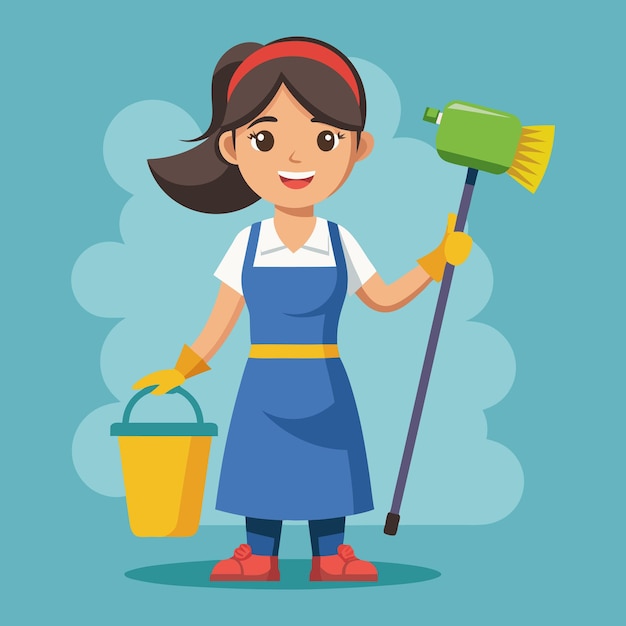 een cartoon van een vrouw met een bezem en een emmer
