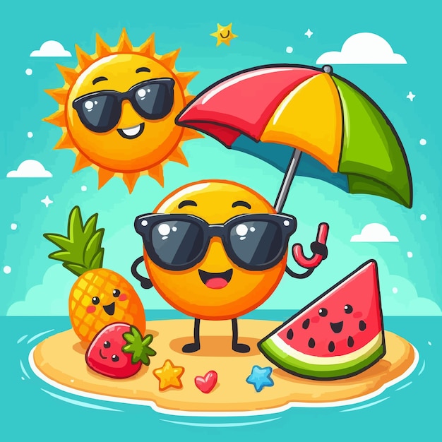 Vector een cartoon van een zonnebloem en een watermeloen met een zonnebril op hun hoofd