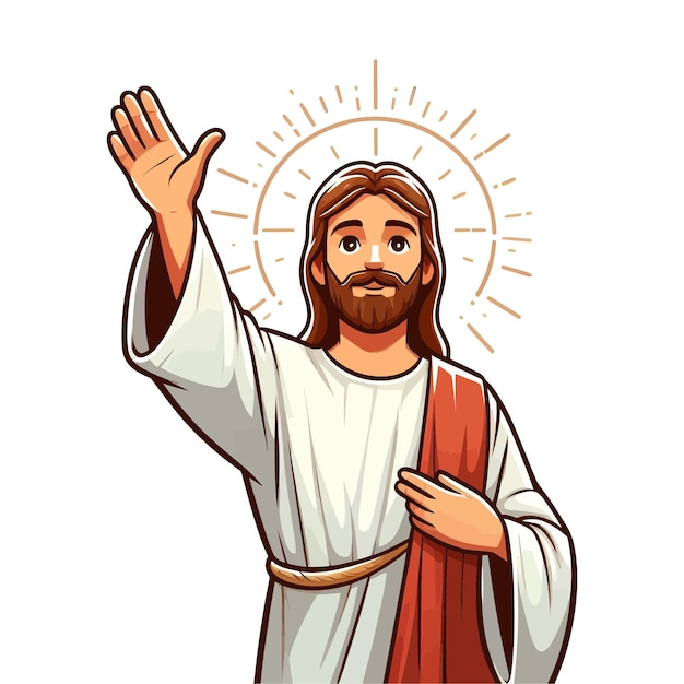 Vector een cartoon van jezus christus staande illustratie hand stijgende witte achtergrond