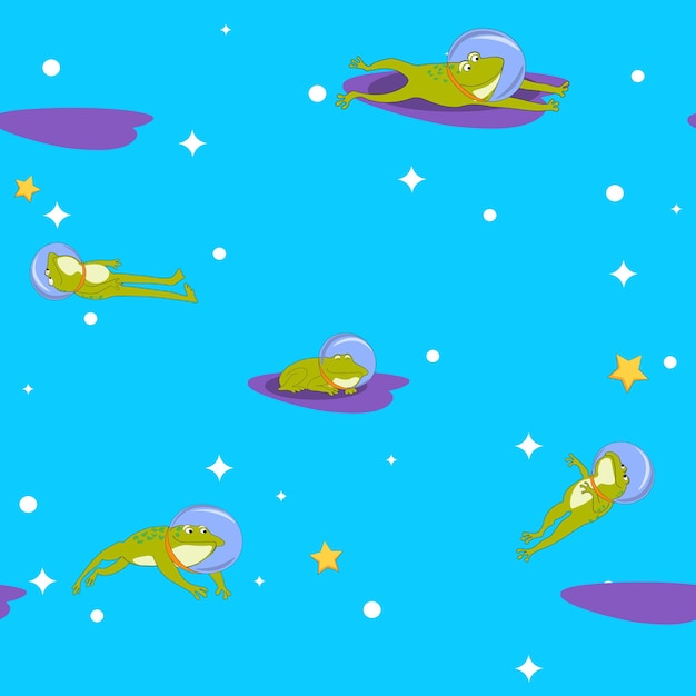Een cartoon van kikkers die in de ruimte slapen met een ruimtepak en een ster op de bodem.
