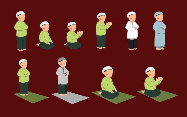 Een cartoon van kinderen moslimjongen bidden met anonieme stijl
