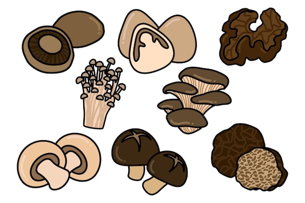 Een cartoon van paddenstoelen die op een witte achtergrond staan