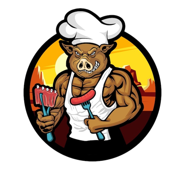 Vector een cartoon varkenschef mascotte illustratie koken barbecue vlees logo ontwerp vector inspiratie