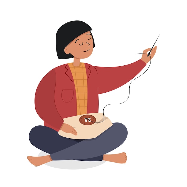 Een cartoonachtige illustratie van een vrouw die naait