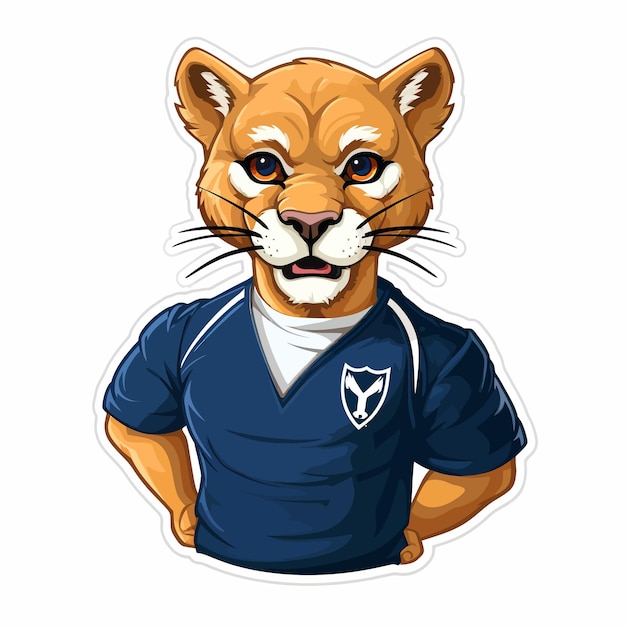 een cartoonafbeelding van een tijgermascotte, gekleed in een blauw shirt met een logo erop