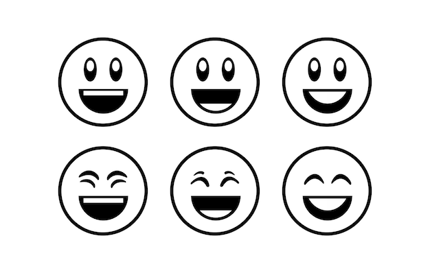 Vector een cartoongezicht met verschillende uitdrukkingen en de woorden glimlach, lach en lach.