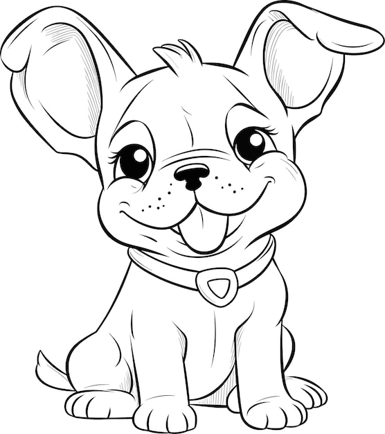 Vector een cartoonhond met een halsband waarop franse bulldog staat.