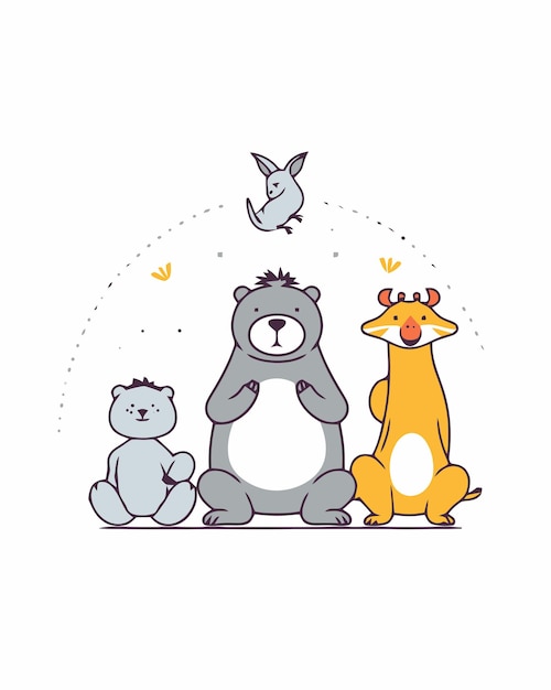 Een cartoonillustratie van dieren met een vogel en een beer.