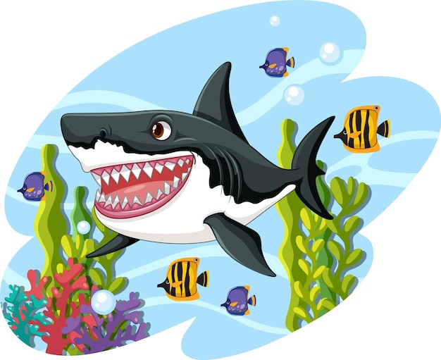 Een cartoonillustratie van een grote witte haai die glimlacht en onder water zwemt met koraal en andere vissen