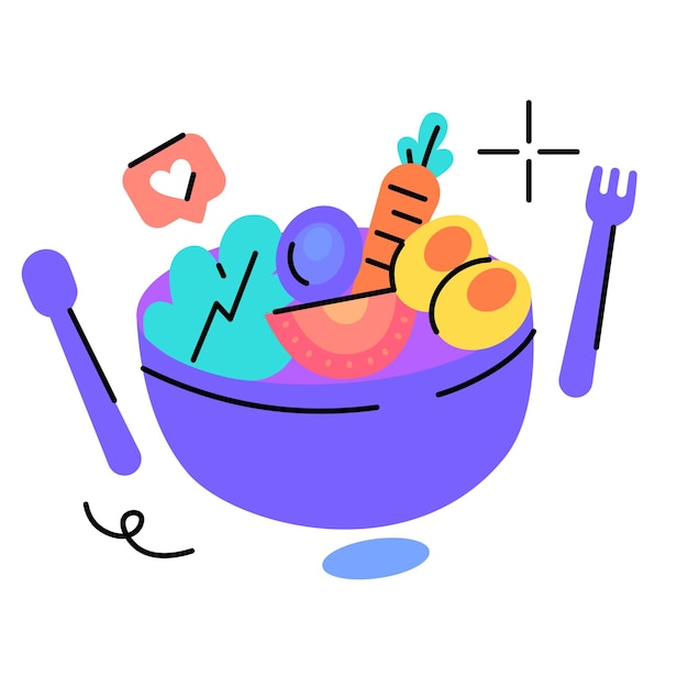 Vector een cartoonillustratie van een kom eten met een sticker met de tekst 'eten'