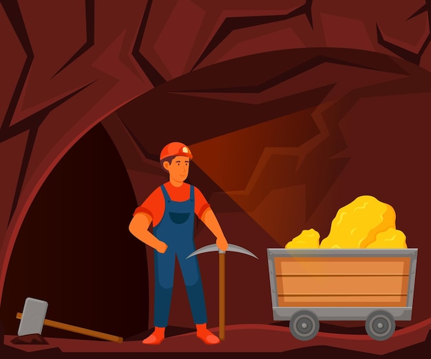 Vector een cartoonillustratie van een mijnwerker met een kar vol gouderts
