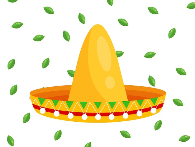 Een cartoonillustratie van een sombrero met groene bladeren op de witte achtergrond.