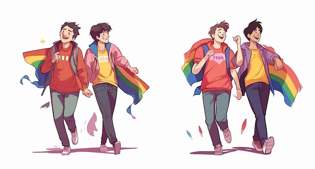 Een cartoonillustratie van twee homoseksuele mannen in LGBT-trotsparade AI genereerde het LGBT-rechtenvlagconcept