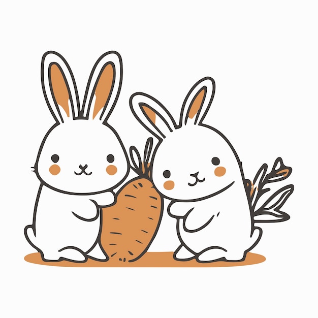 Een cartoonillustratie van twee konijntjes die een wortel vasthouden
