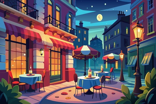 Vector een cartoonische tekening van een stadsstraat met een restaurant op de hoek