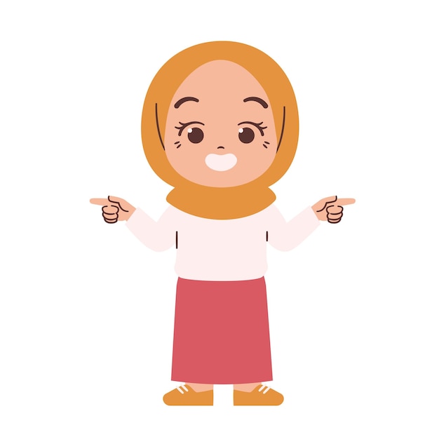 Een cartoonmeisje in een hijab wijst naar links.