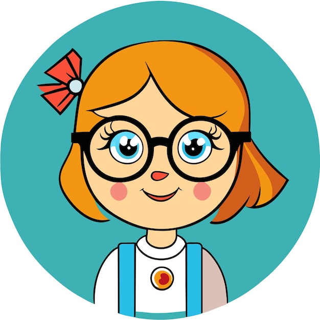 een cartoonmeisje met een bril en een strik