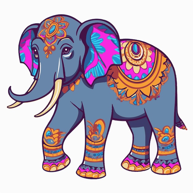 Een cartoonolifant met kleurrijke patronen op zijn lichaam en het woord olifant op de voorkant.