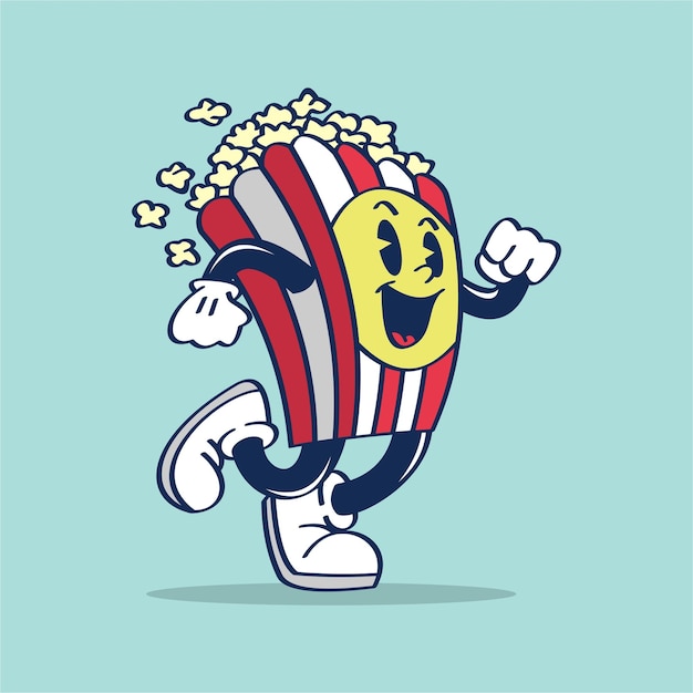 Vector een cartoonpopcornkarakter rent en glimlacht.