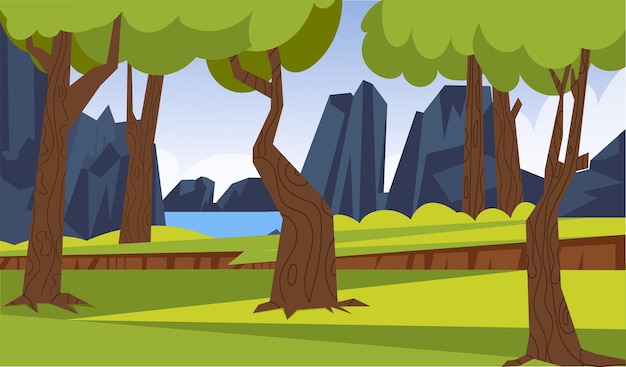 Een cartoonscène met bomen en bergen op de achtergrond.