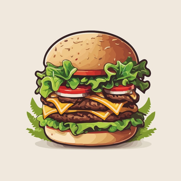 Een cartoontekening van een hamburger met sla en tomaat.