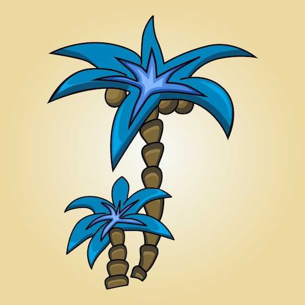 Vector een cartoontekening van een palmboom met een blauwe palmboom erop.