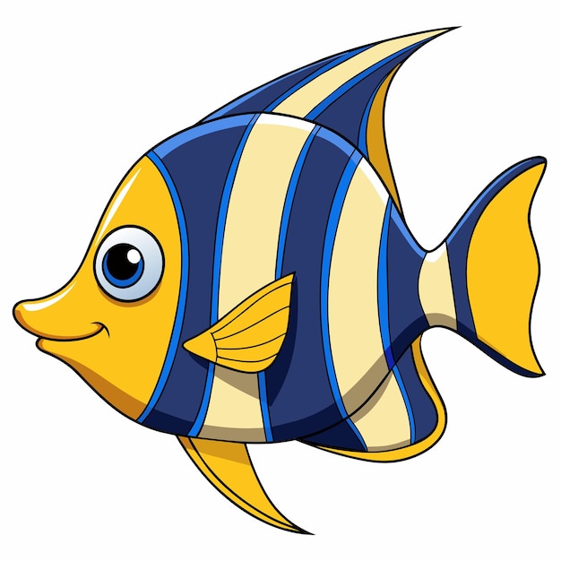 Vector een cartoonvis met een blauw en geel gestreepte gezicht wordt getoond