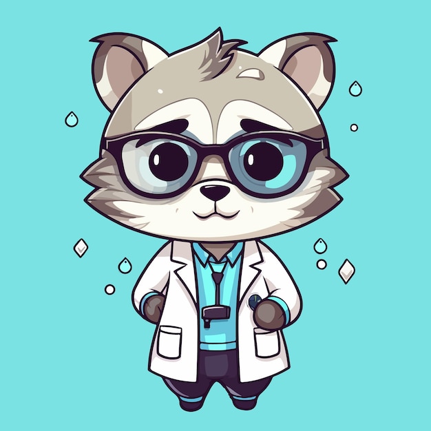 Een cartoonwasbeer met een bril, een stropdas en een laboratoriumjas