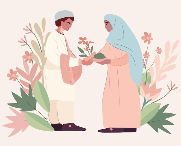 Een charmante pastelkleurillustratie Heilige Maand Ramadan Hari Raya of Eid Mubarak-groet met botanisch
