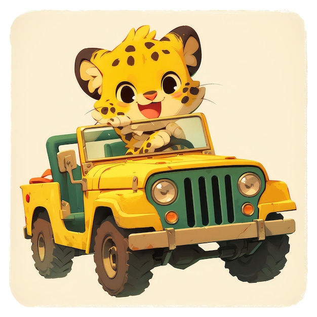 Een cheetah in een safari jeep cartoon stijl