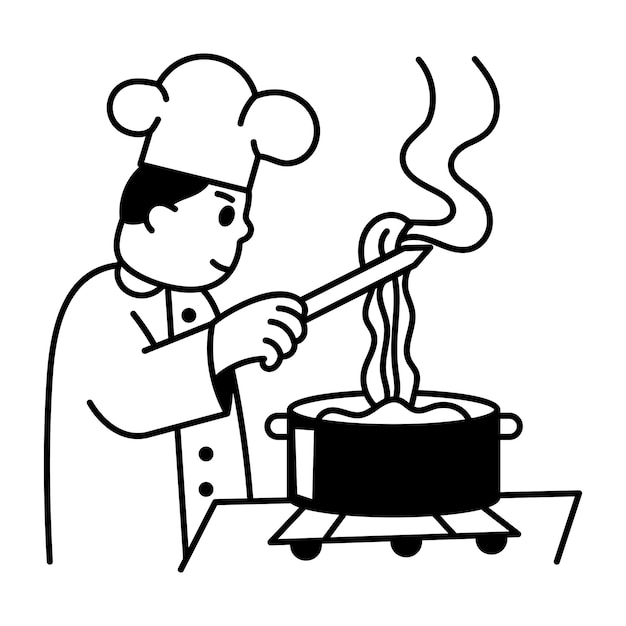 Een chef-kok die pasta kookt in de keuken, illustratie in doodle-stijl