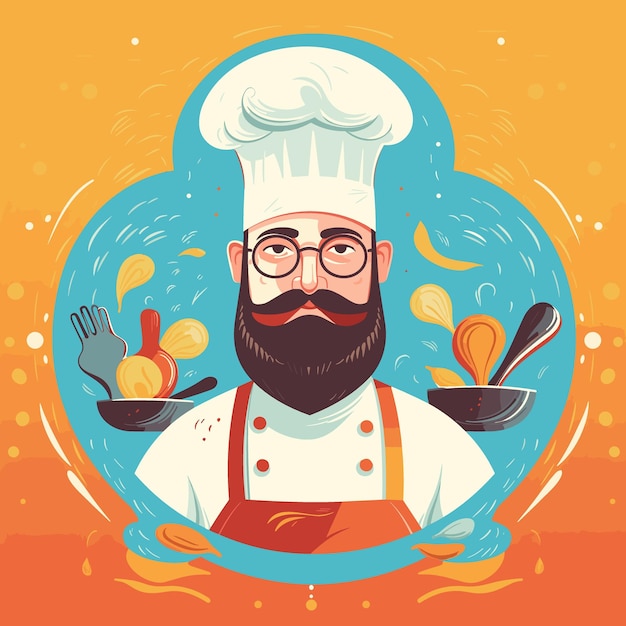 Een chef-kok met baard en snor kookt in een kom met een lepel en een lepel erin