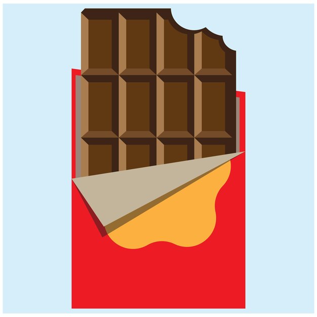 Een chocoladereep in een rode doos met een hap eruit.