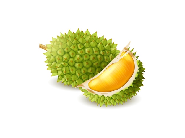 Een close-up foto van een durian met een gesneden plak die het gele vlees toont