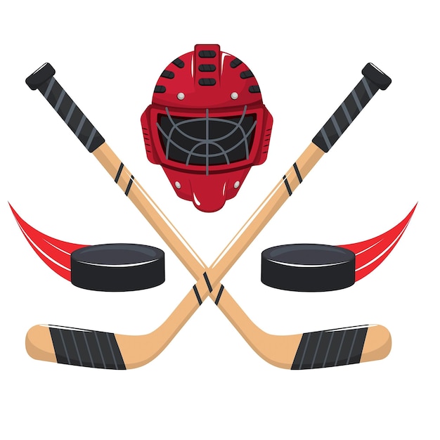 een close-up van twee hockey sticks en een helm met een puck