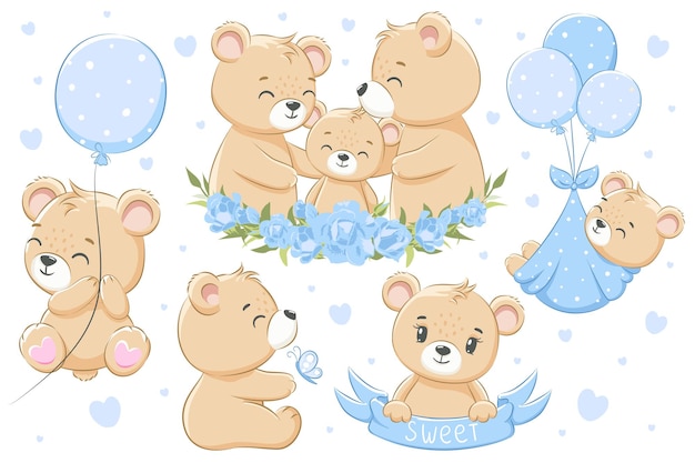 Een collectie schattige familieberen, voor jongens. Bloemen, ballonnen en harten. Cartoon vectorillustratie.