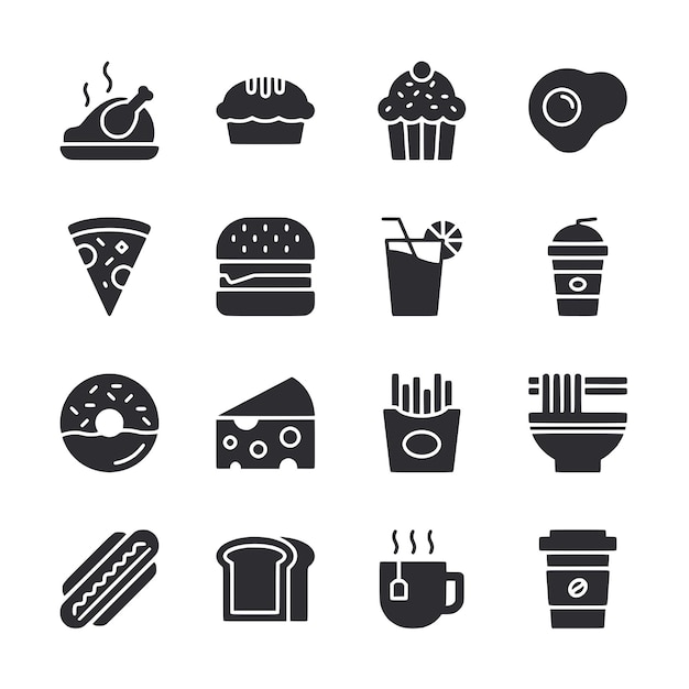Een collectie van eten en drinken iconen, waaronder pizza donuts sandwiches