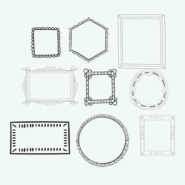 Een collectie van negen met de hand getekende decoratieve frames in verschillende stijlen perfect voor het verbeteren van invitatio