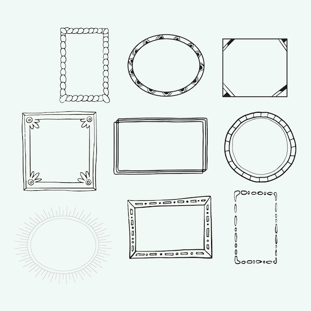 Een collectie van negen met de hand getekende decoratieve frames in verschillende stijlen perfect voor het verbeteren van invitatio