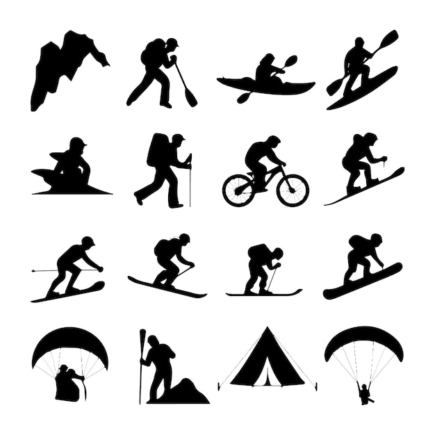 Een collectie van tien Adventure Icons Silhouettes Icons die avonturen in de buitenlucht vertegenwoordigen